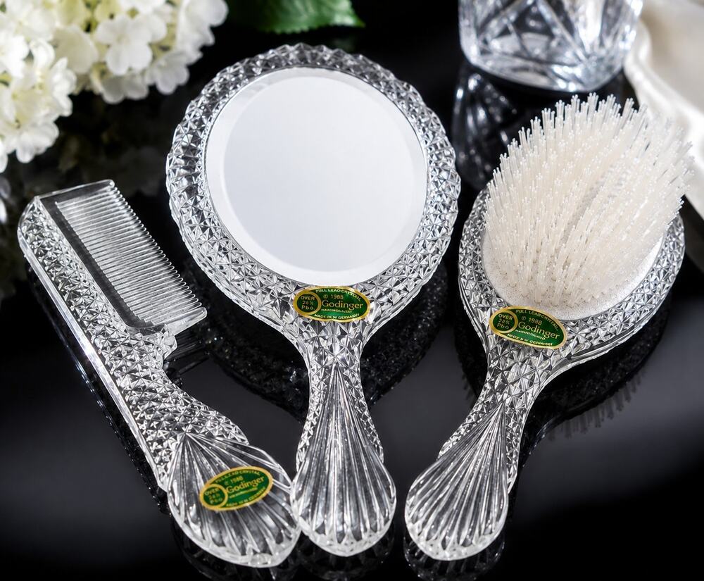 Vtg 3 Pc Godinger Crystal Victorian Style Dresser Vanity Set Mirror Brush Comb